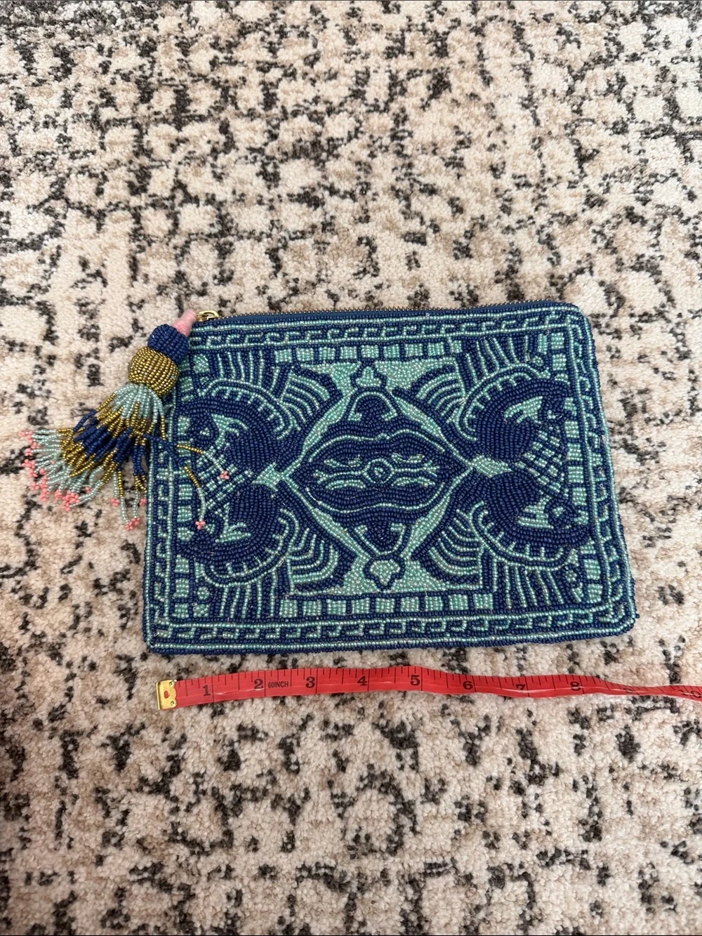 Anthropologie Turquoise Beaded Heart Floral Wristlet Clutch with Tassel